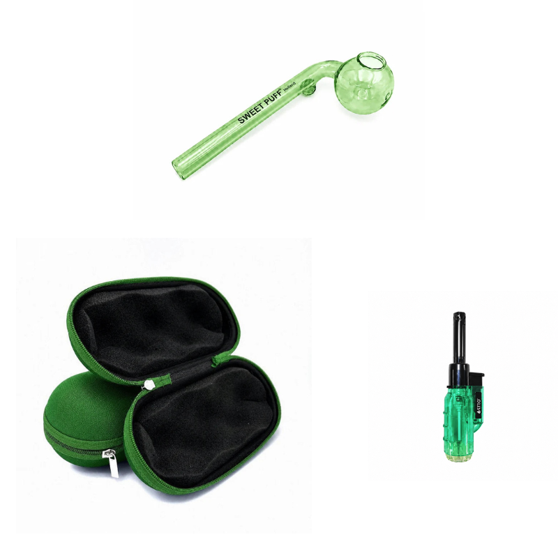 Matching Colour Sweet Puff Glass Pipe 12cm & Medium Case Bundle + Lighter