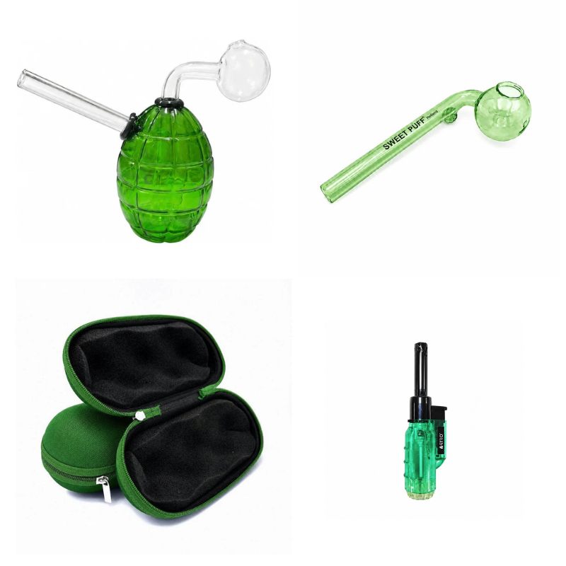 Green Sweet Puff Pipe & Water Pipe Bundle – Case + Jet Lighter