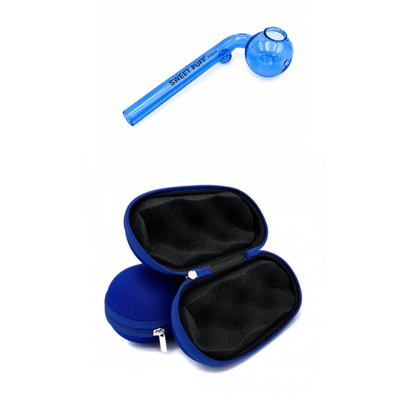 Matching Colour Sweet Puff Glass Pipe 12cm & Medium Case Bundle Blue
