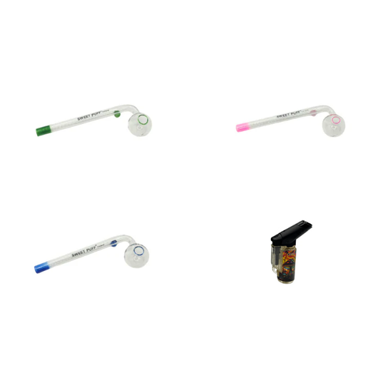 Coloured Sweet Puff Glass Pipe 14cm Value Pack + Jet Lighter