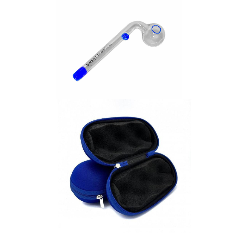Matching Colour Sweet Puff Glass Pipe & Medium Case Bundle Blue