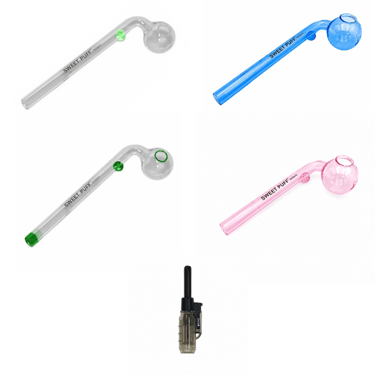 Mixed Designs Sweet Puff Glass Pipe Value Pack + Jet Lighter
