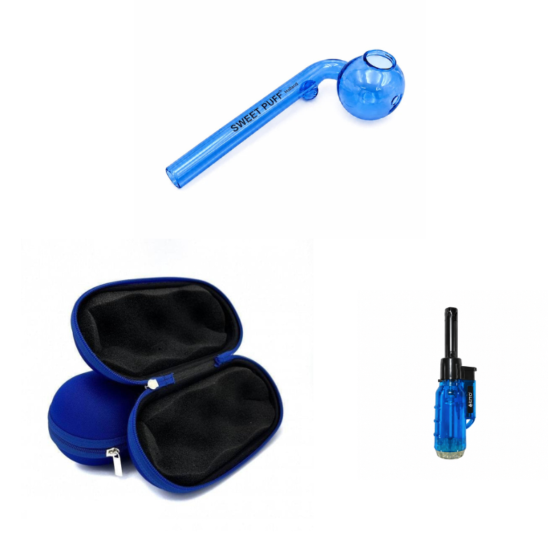 Matching Colour Sweet Puff Glass Pipe 12cm & Medium Case Bundle + Lighter