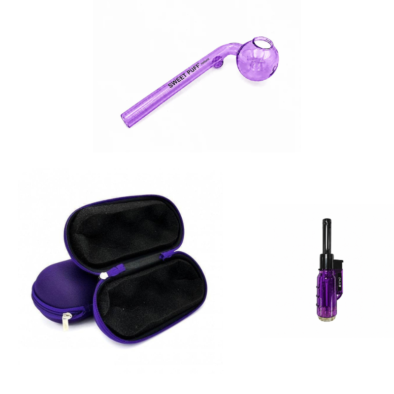 Matching Colour Sweet Puff Glass Pipe 12cm & Medium Case Bundle + Lighter