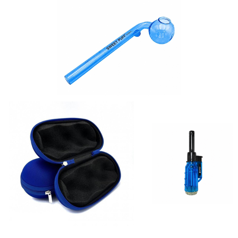 Matching Colour Sweet Puff Glass Pipe 14cm & Medium Case Bundle + Lighter