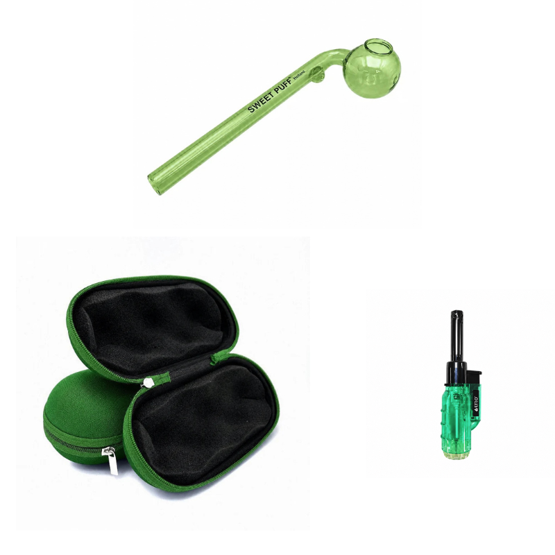 Matching Colour Sweet Puff Glass Pipe 14cm & Medium Case Bundle + Lighter