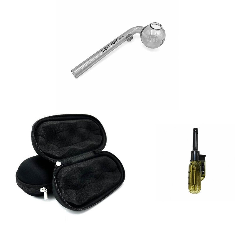 Matching Colour Sweet Puff Glass Pipe 12cm & Medium Case Bundle + Lighter