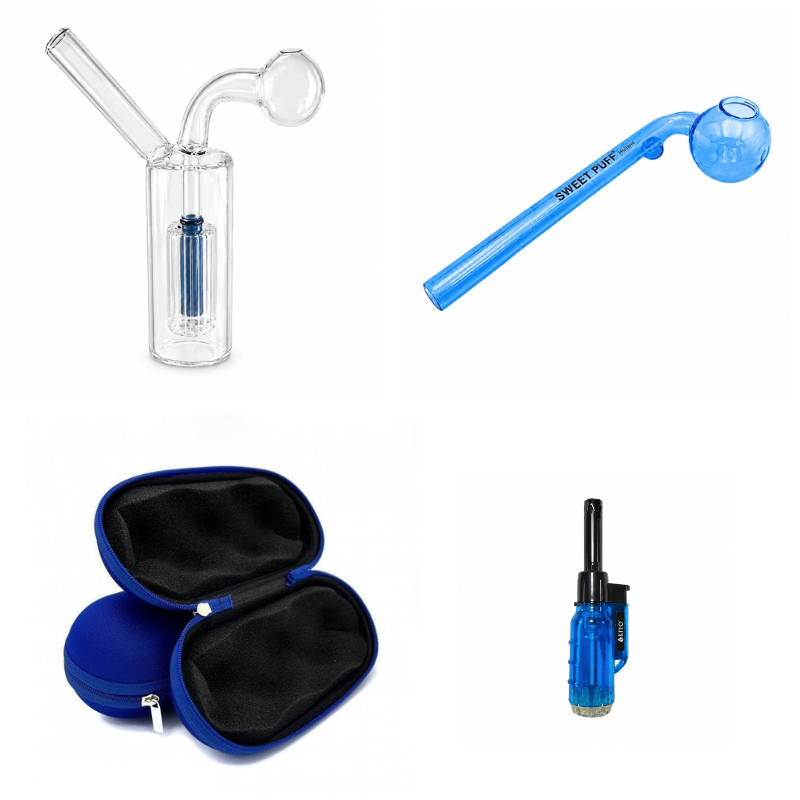 Blue Sweet Puff Pipe & Water Pipe Bundle – Case + Jet Lighter