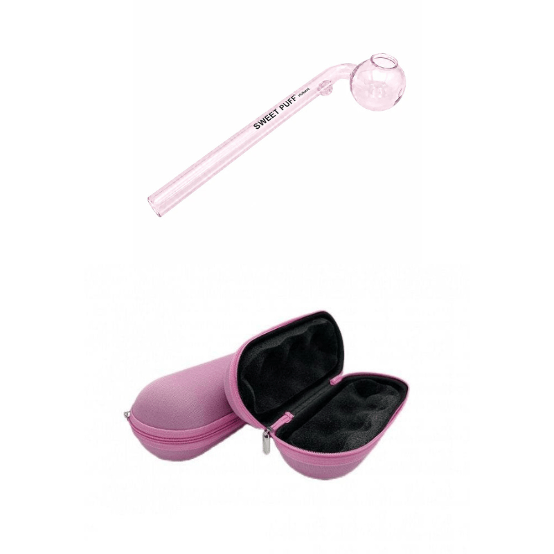 Matching Colour Sweet Puff Glass Pipe 16cm & Large Case Bundle Pink