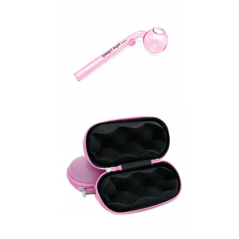 Matching Colour Sweet Puff Glass Pipe 12cm & Medium Case Bundle Pink