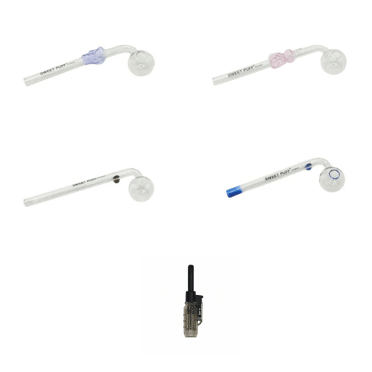 Mixed Designs Sweet Puff Glass Pipe Value Pack + Jet Lighter - Oz Sweet Puff