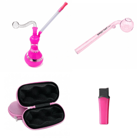 Pink Sweet Puff Pipe & Water Pipe Bundle – Case + Jet Lighter - Oz Sweet Puff