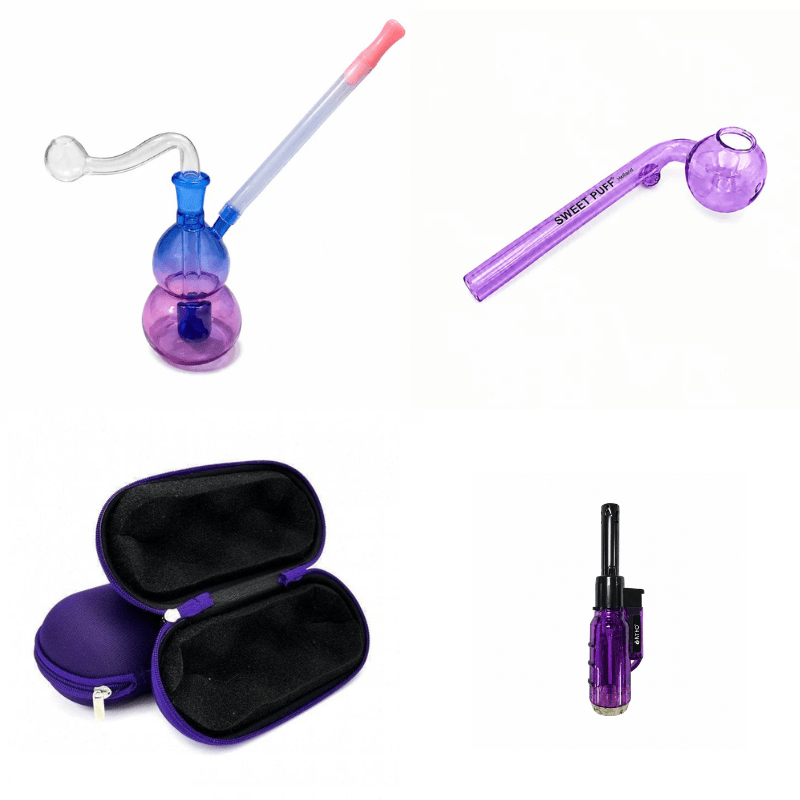 Purple Sweet Puff Pipe & Water Pipe Bundle – Case + Jet Lighter - Oz Sweet Puff