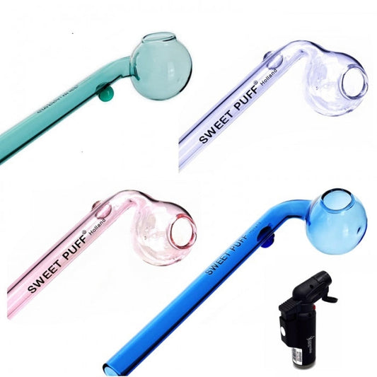 Sweet Puff Glass Pipe 4 Pack + Jet Lighter